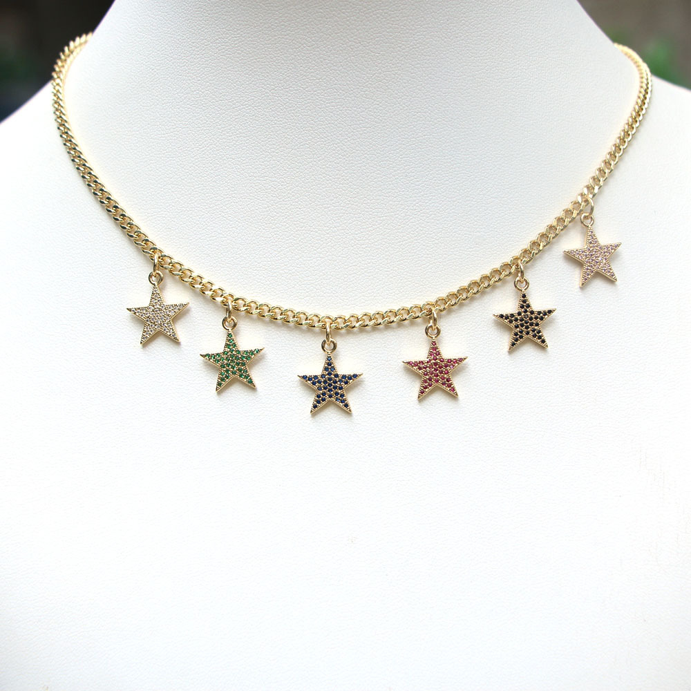Colorful zircon star tassel pendent copper inlaid zircon necklace female