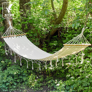 Outdoor Double Anti-Rollover Canvas Dormitory Indoor Leisure Tassel Curved Stick Student Park Camping Style Hammock