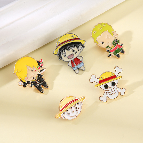 Factory Direct Supply One Piece Luffy Same Style Skull Head Metal Pin Japanese Cute Cartoon Badges Packaging Decorations