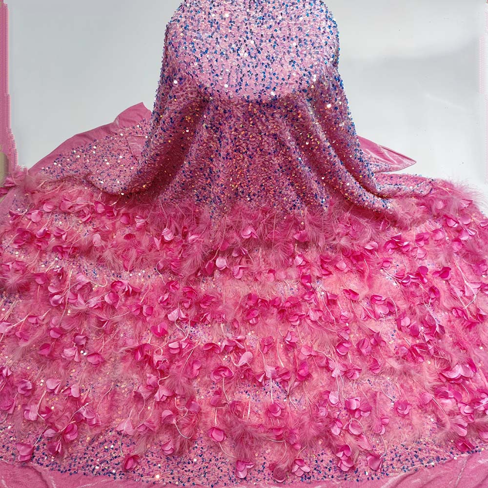 Comercio exterior nueva pluma Otoño e Invierno vestido de novia vestido de noche terciopelo no invertido tridimensional lentejuelas borla floral bordado tela JX1704