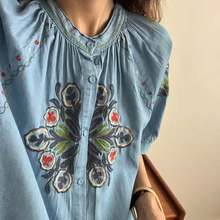 圆领薄款短袖刺绣森系牛仔衬衣女百搭显瘦港风文艺显瘦棉质小众衬