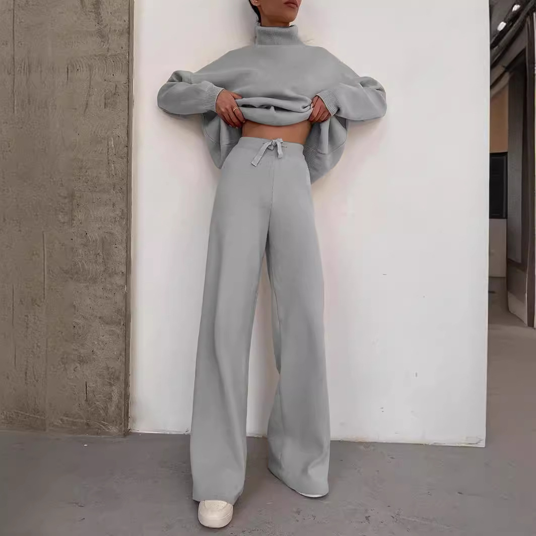 Women's Clothing long sleeved brown temperament wide leg pants fashionable loose high necked casual two piece sweatshirt_voghion.com