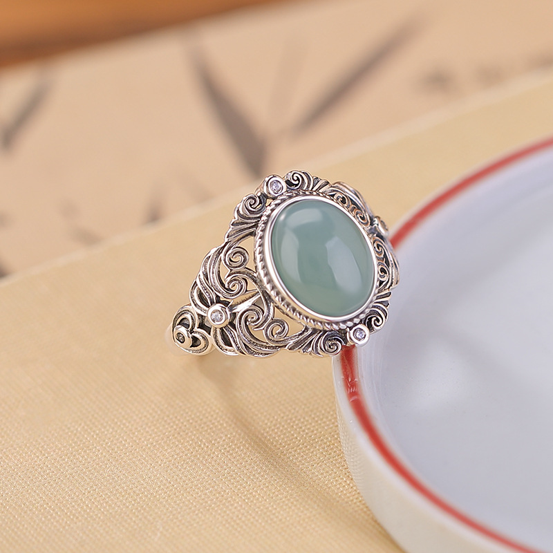Nhẫn bạc S925 đính đá ngọc lam xanh phong cách cổ điển họa tiết cỏ đường — Bạc 925