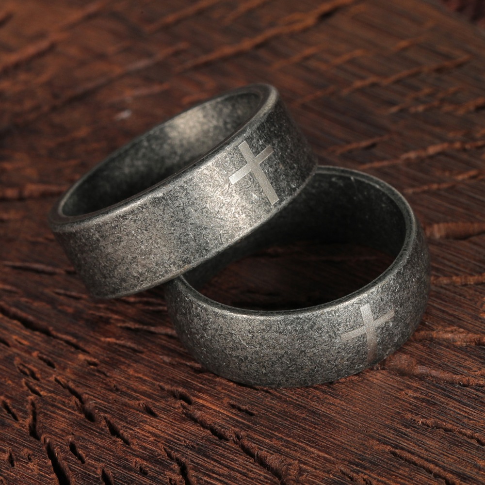 Antique Silver Titanium Steel Ring Men's Marking Cross Pattern 304 Stainless Steel Ring Retro Style Bracelet