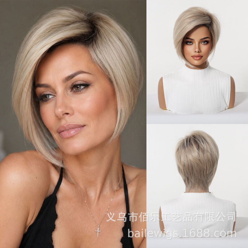 Short bob wig with side parting, pixie cut, light blonde gradient, European and American style, suitable for middle-aged and elderly, cross-border dropshipping Short bob wig with side parting, pixie cut, light blonde gradient, European and American style, suitable for middle-aged and elderly, cross-border dropshipping