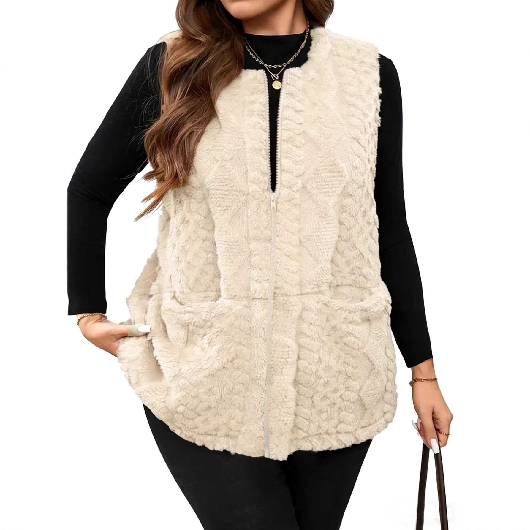 New Cross-Border Women's Casual Zip-Up Vest Teddy Bear Jacket, Elegant Faux Fur Outerwear for Women