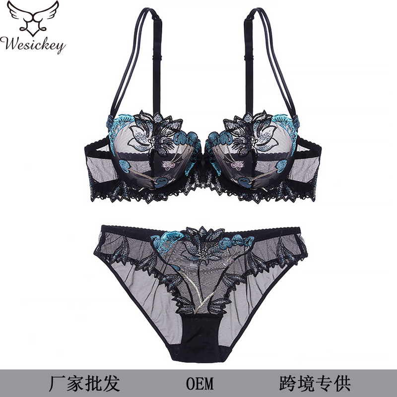 Factory Direct Sales European and American Sexy Ultra-Thin Underwear Women's Push-Up Lace Bra Transparent Mesh Embroidered Bra Set