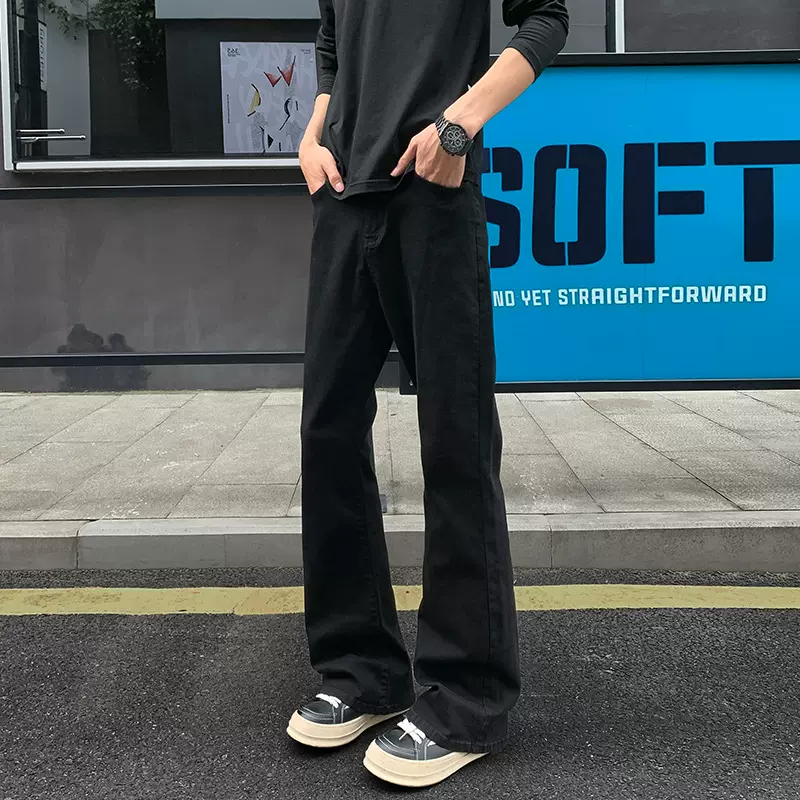 黑色弹力弯刀牛仔裤男款显腿长美式高街vibe裤子直筒窄版微喇叭裤