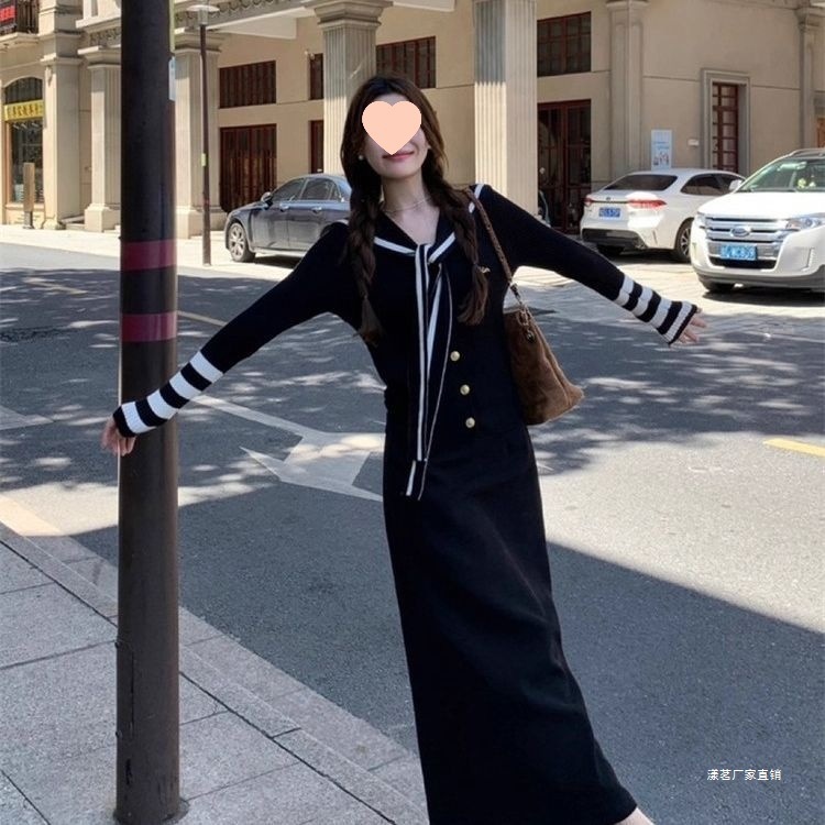 黑色条纹毛衣女春秋慵懒学院风修身显瘦别致上衣春季海军领针织衫|undefined