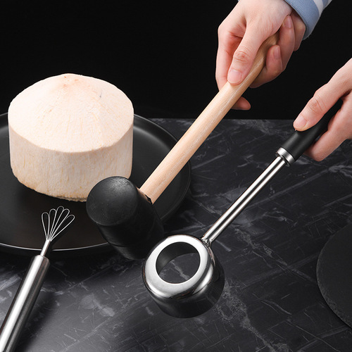 Stainless steel coconut opener set, coconut meat plane with wooden handle, coconut rubber opener hammer, green tender coconut opening tool