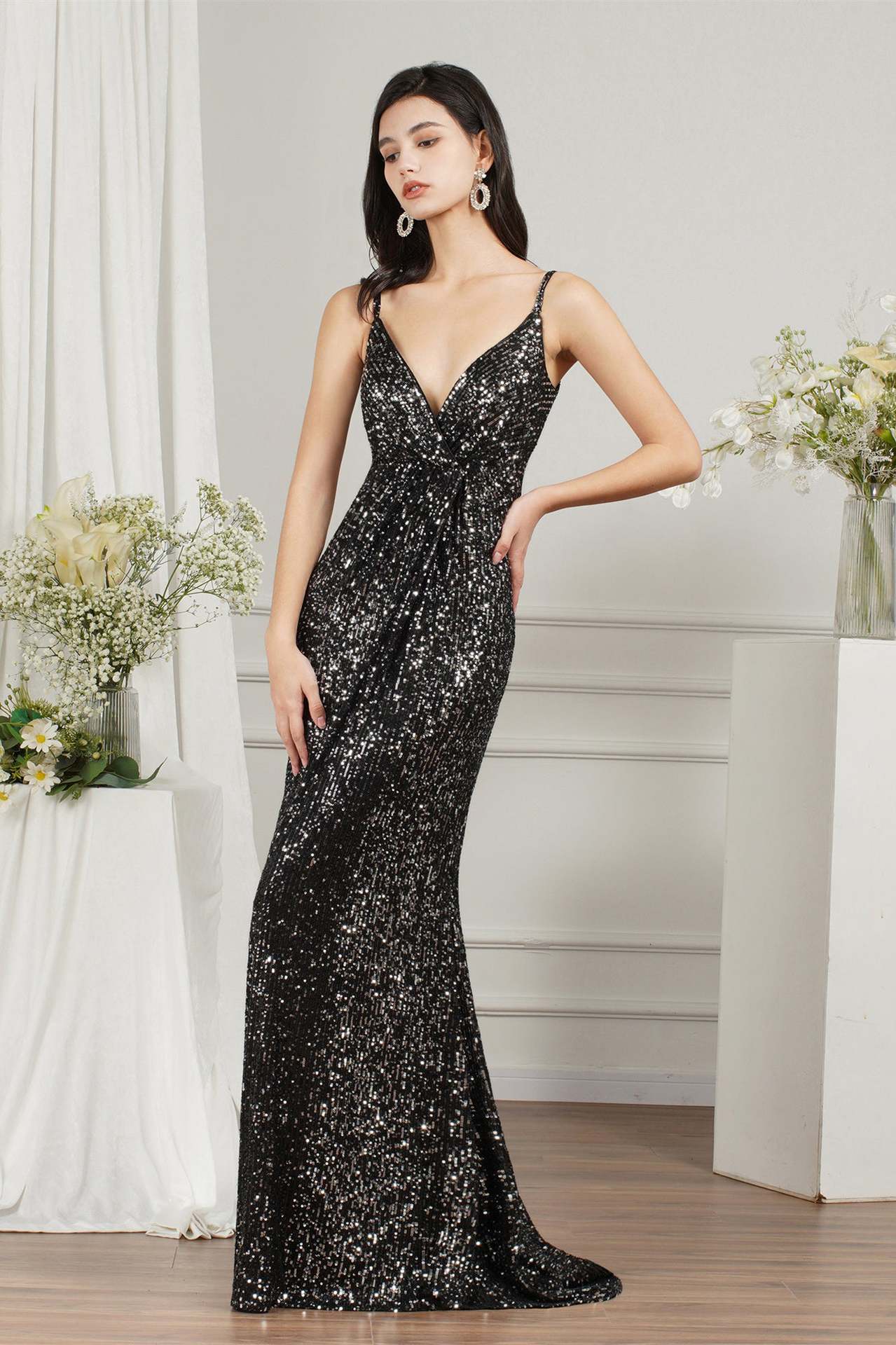 Comercio exterior europeo y americano nueva correa sin mangas con cuello en V delgado vestido largo banquete vestido de noche vestido de lentejuelas