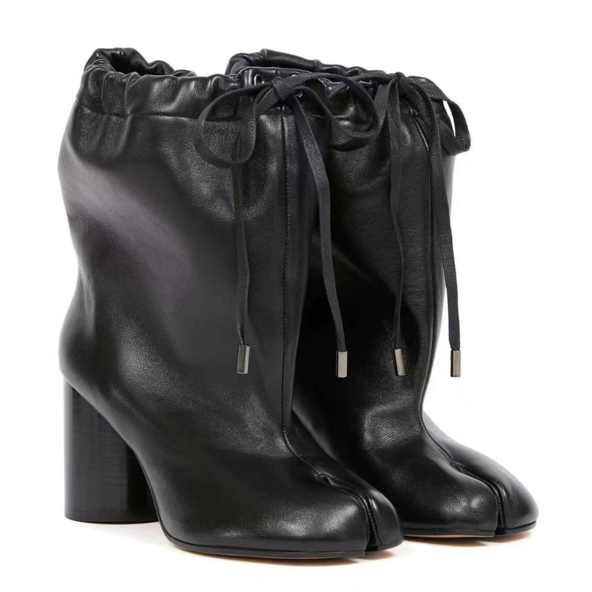 같은 스타일의 타비 스플릿 토 슈즈, 드로스트링 하이힐, 여성용 돼지발, 양발, 말발굽, 돼지발 중간부츠