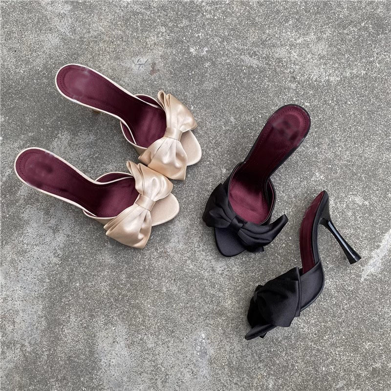 Foreign Trade Niche Bow High Heel Slippers French Sandals Mueller Half Slippers New High Heel Sandals for Women Summer Outer Wear Foreign Trade Niche Bow High Heel Slippers French Sandals Mueller Half Slippers New High Heel Sandals for Women Summer Outer Wear