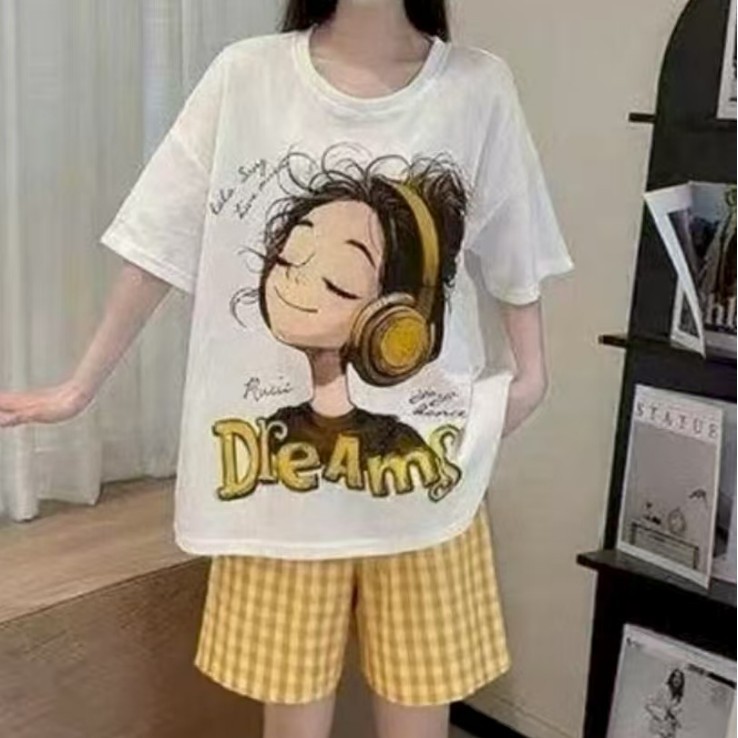 Embalaje transfronterizo precio especial explosivo con cojín de pecho pijama de mujer pantalones cortos de manga corta ropa de verano de algodón nublado conjunto de ropa exterior