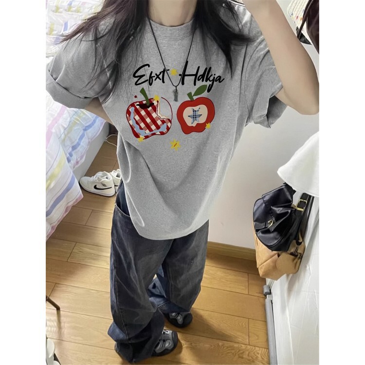 American-Style Floral Gray Round-Neck Short-Sleeve T-Shirt for Women, 2026 New Summer Model, Loose Half-Sleeve Top for Middle and High School Students, Versatile American-Style Floral Gray Round-Neck Short-Sleeve T-Shirt for Women, 2026 New Summer Model, Loose Half-Sleeve Top for Middle and High School Students, Versatile