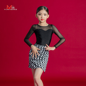 Black with white polka dot  Latin dance dresses for girls kids long sleeves latin ballroom salsa performance practice suit girls art performance training suit