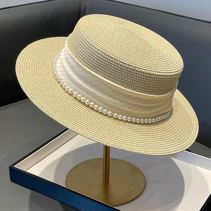 Simple Style Style Flat Eaves Rim Women's Simple Style Solid Color Pearl Straps Flat Eaves Fedora Hat