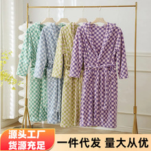 秋冬法兰绒睡袍女加绒亲肤中长款浴袍睡衣系带甜美男女保暖家居服