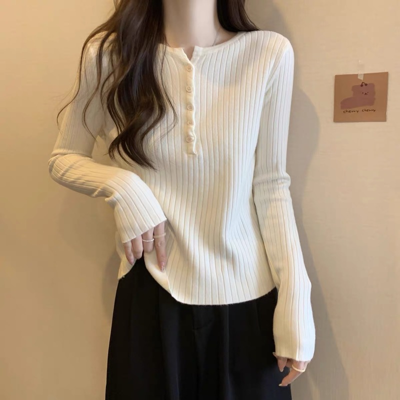 包芯纱面料 洋气时尚打底衫女装白色显瘦长袖内搭毛衣针织衫上衣|undefined