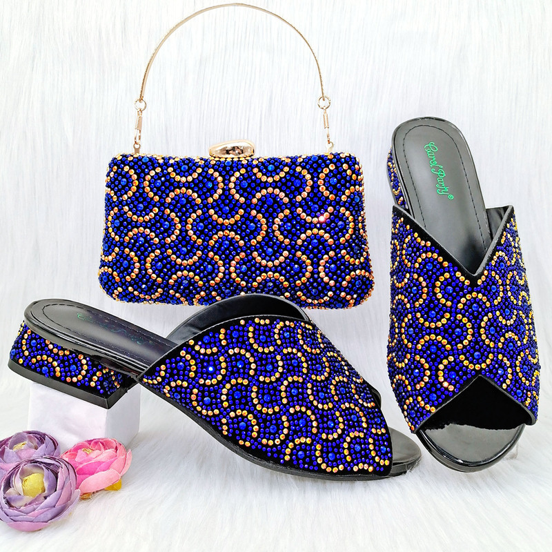Full Rhinestone Flat Sandals with Chunky Heels for Women, Matching Full Rhinestone Evening Clutch Bag, Wedding Shoe and Bag Set, Cross-Border Supply