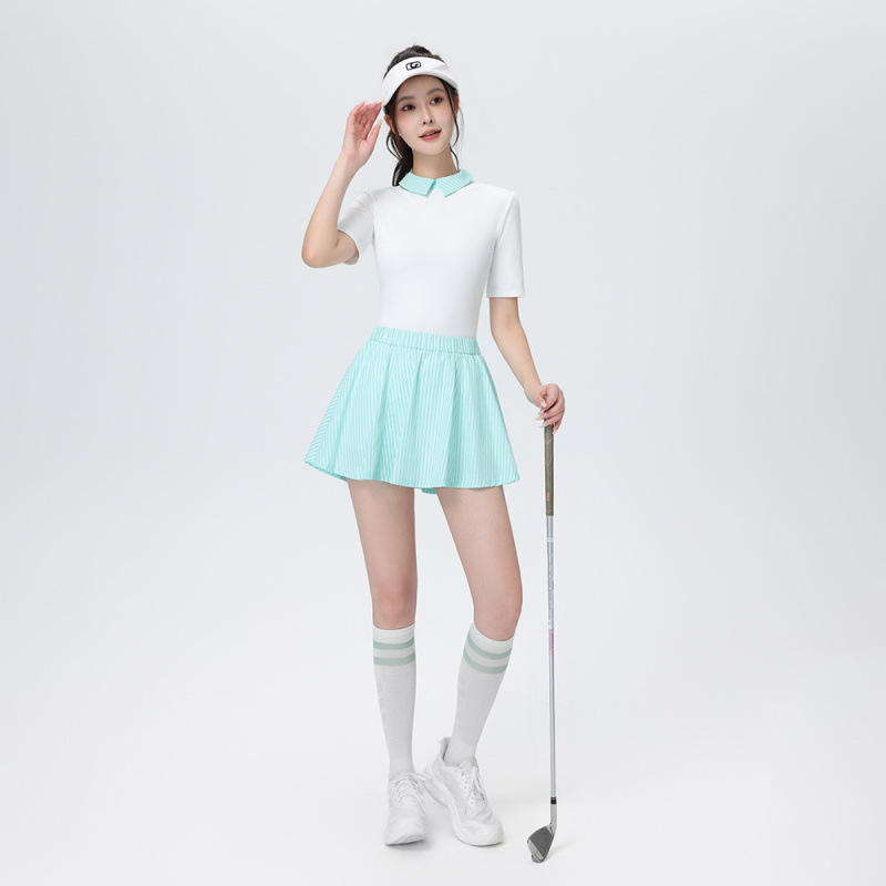 Tennis Suit Women's Spring and Summer Slim Lapel Polo Shirt Short-Sleeved Top Stripesd Casual Short Skirt Golf Sportswear