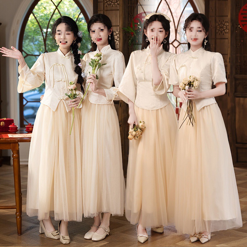 Chinese Bridesmaid Dress 2025 New Champagne Color Slimming Chinese Style Sister Dress Bridesmaid Group Plus Size Xiuhe Elegant Dress