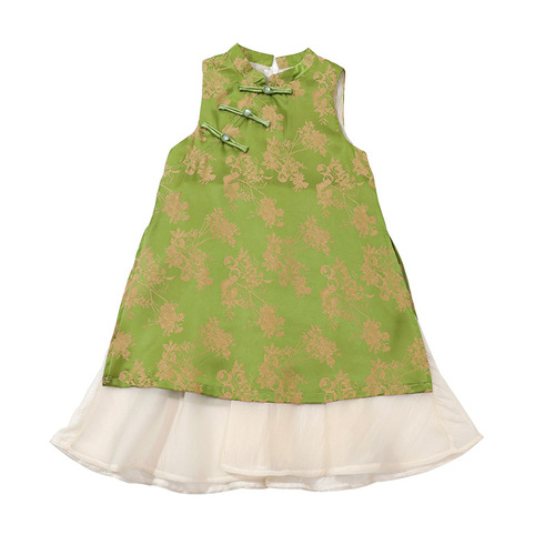 Green Chinese-style Pankou Cheongsam Dress 2024 Summer New Trendy Fashion Children's Dress for Girls Baby
