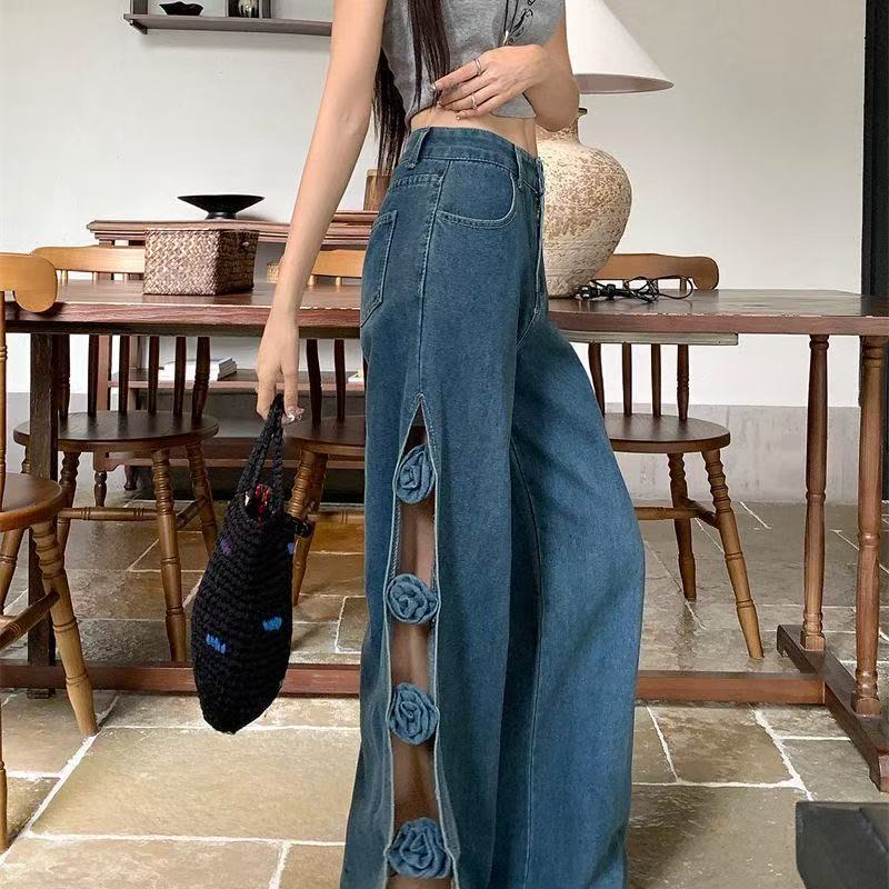 American Retro Style Spicy Girl Hollow-Out Split Denim Pants for Women, Plus Size, New Summer Style, Three-Dimensional Floral Loose Wide-Leg Pants