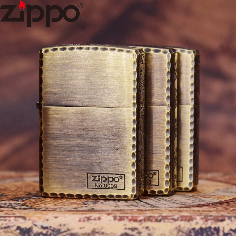 zippo黄铜咬边三面盘龙鱼戏莲叶间