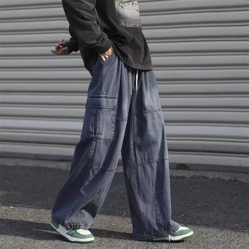 Lazy Vintage Tooling Wide-leg Jeans Men's Hong Kong Style Loose Oversize Big Pocket Retro Street Trousers_mkmklike.com