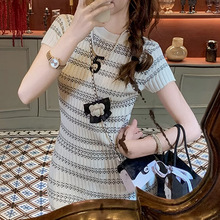 小香风条纹针织连衣裙女2024夏季新款法式短袖高端精致气质裙子潮