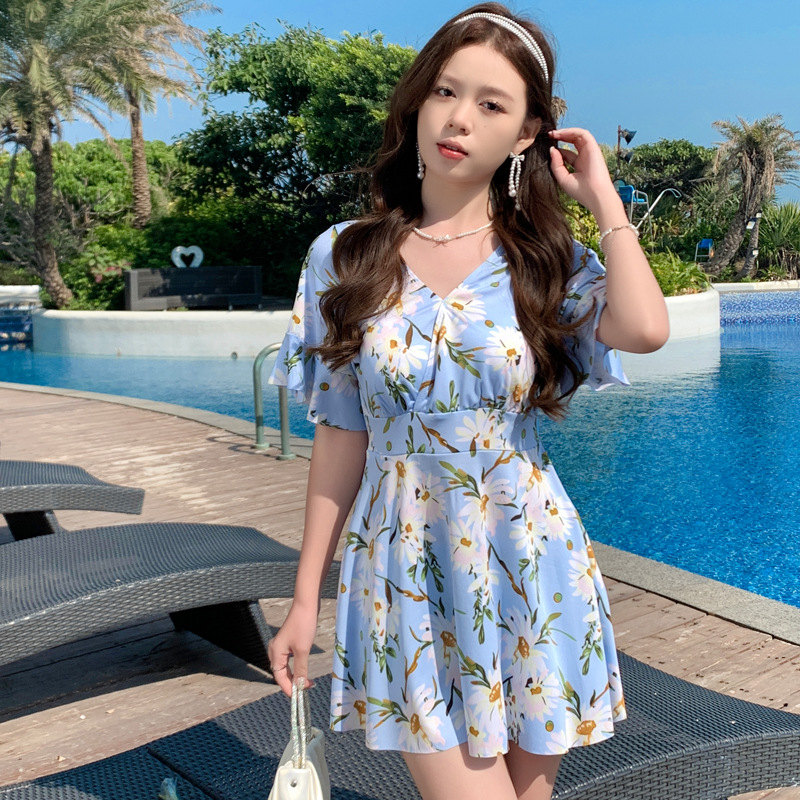 Plus Size Seaside Vacation Split Swimsuit Women's Two-Piece Boxer Hot Spring Floral Conservative Short-Sleeved Piael Shu 2528