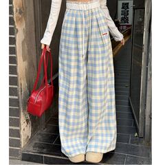 青い格子のカジュアルなズボンの女性の春の2025新型のデザイン感のまっすぐな筒の広い足のズボンの韓国系のドーパミンのズボンのファッション