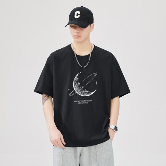 Trendy Summer Crewneck Top Pure Cotton Simple Printing All-match Casual Loose Short-sleeved T-shirt New Summer Men's