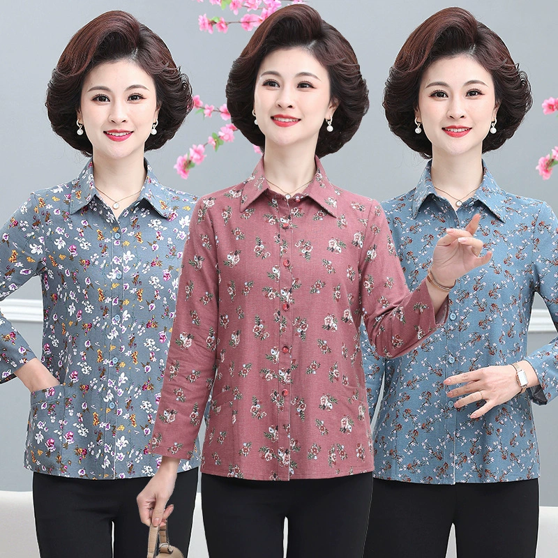 Рубашка для женщин среднего и пожилого возраста с длинными рукавами Одежда для мам из хлопка и льна Рубашка средней длины Топ в клетку для пожилых людей большого размера на осень