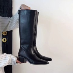 牛皮版时尚气质复古小方头高筒骑士靴秋冬新款粗跟6cm显瘦长靴子
