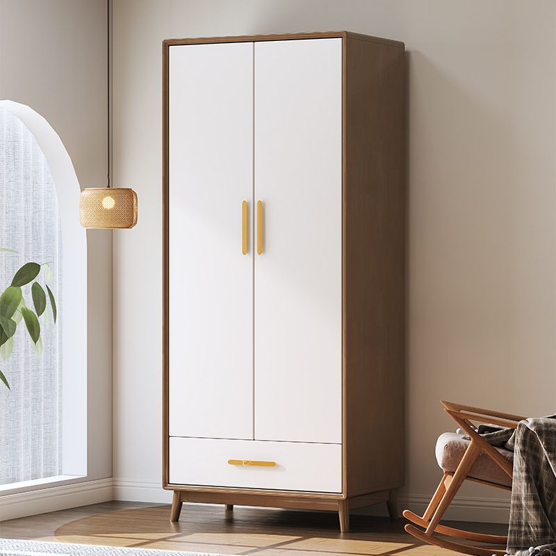 All Solid Wood Wardrobe Two-Door Nordic Home Large Wardrobe Nordic Bedroom Multi-Functional Storage Cabinet Small Apartment Hanging Wardrobe