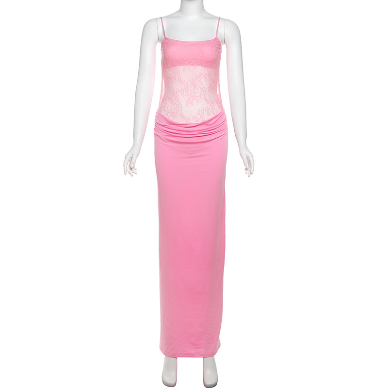 Spring Women Clothing Sexy Lace Stitching See through Backless Sling Dress