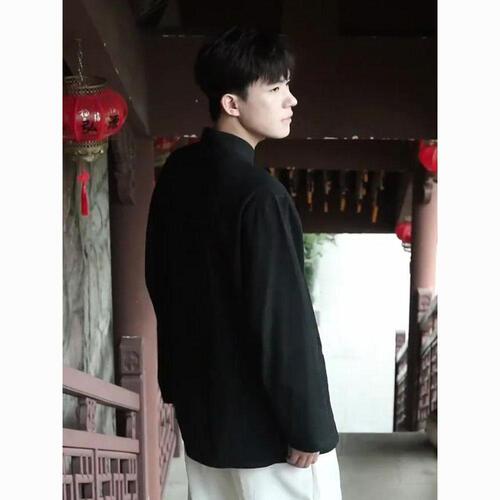 New Chinese-style men's wear China style upright collar and button shirt men's autumn thin style improved Hanfu shirt young people's Tang suit