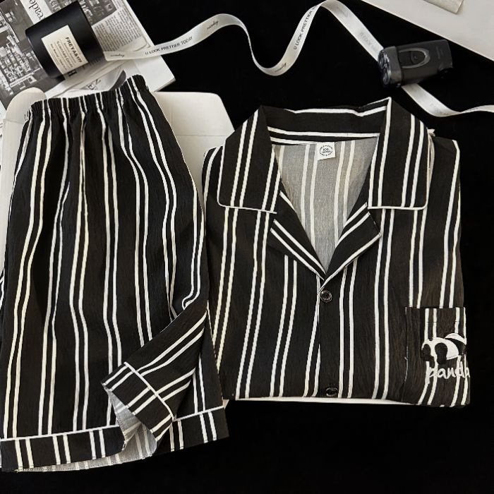 Pijamas de hombre de hilo de algodón de nube negra simple pantalones cortos de verano de manga corta ropa de hogar de gran tamaño casual traje de verano