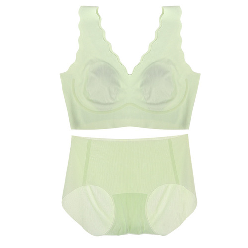 Semi-fixed cup rabbit ear cup small breast underwear women's summer thin wavy edge vest ice silk seamless bra women's suit