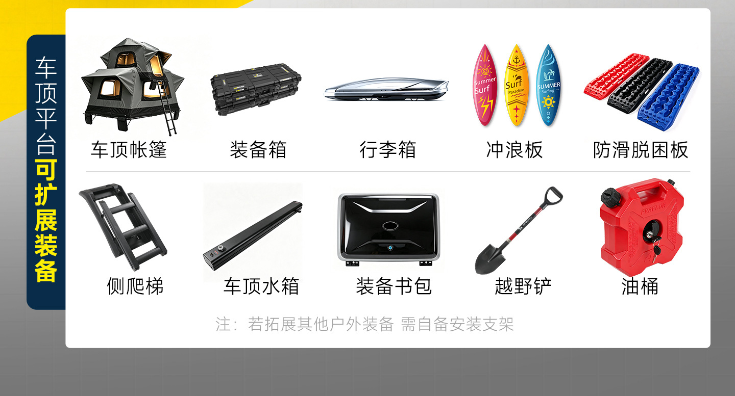 26 types of Great Wall H10 roof rack frames, off-road modification accessories, including spotlights, folding ladders, and side tents