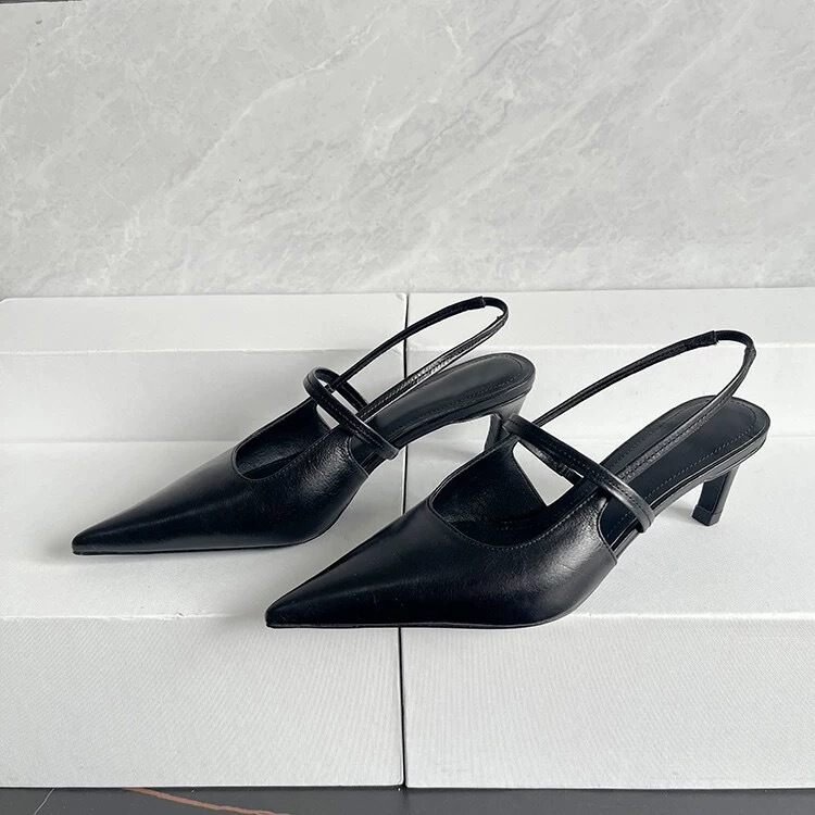 25 New Summer Niche Baotou Pointed Toe One-Strap Sandals for Women to Wear Fashionable Genuine Leather Mid-Heeled High Heels