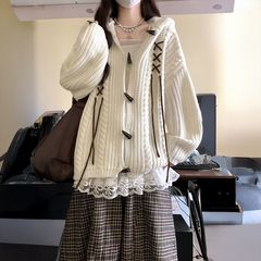 美式复古牛角扣设计感连帽毛衣开衫外套女秋冬宽松慵懒针织衫上衣
