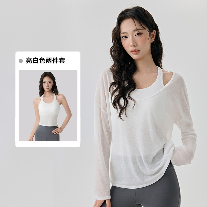 瑜伽服女套装高级感叠穿两件套透气长袖罩衫普拉提带胸垫运动背心|undefined