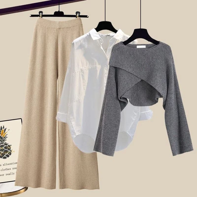 GraceChic Plus Size Damen Herbst/Winter Anzug 2025: Modischer Strickpullover, figurformende Hose mit weitem Bein_voghion.com