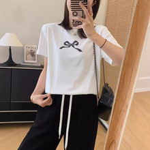 春夏宽松百搭上衣棉蝴蝶结印花短袖T恤打底衫女H0801D