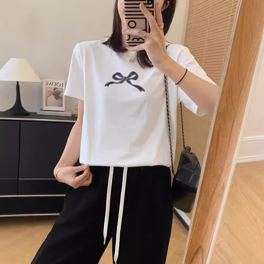 春夏宽松百搭上衣棉蝴蝶结印花短袖T恤打底衫女H0801D