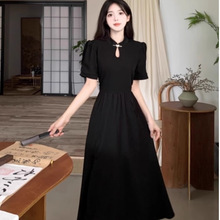 新中式国风黑色立领连衣裙女夏季改良旗袍复古气质开叉修身小黑裙