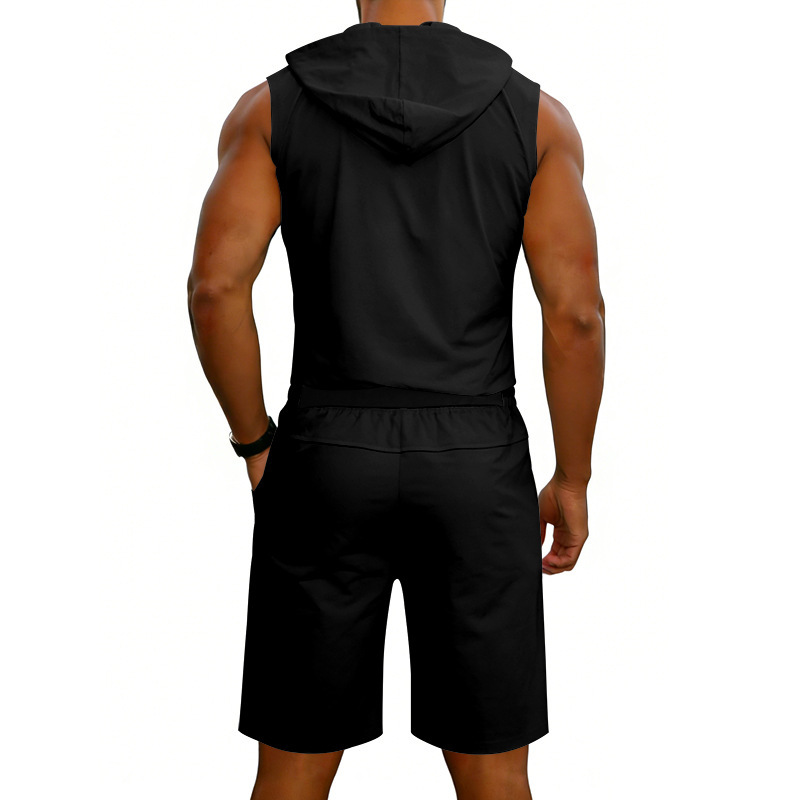 Men's Zip-Front Sleeveless Hoodie And Shorts Set Lightweight Athletic Gym Wear for Summer Workouts And Casual Street Style_viptrois.com